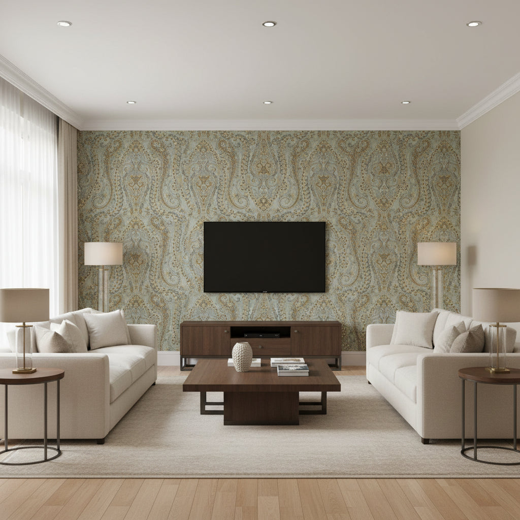 Isabella Paisley Mineral | Schumacher Wallcovering - Living Room Visualization (AI-generated, may not be to scale. Verify pattern scale with product specifications.)