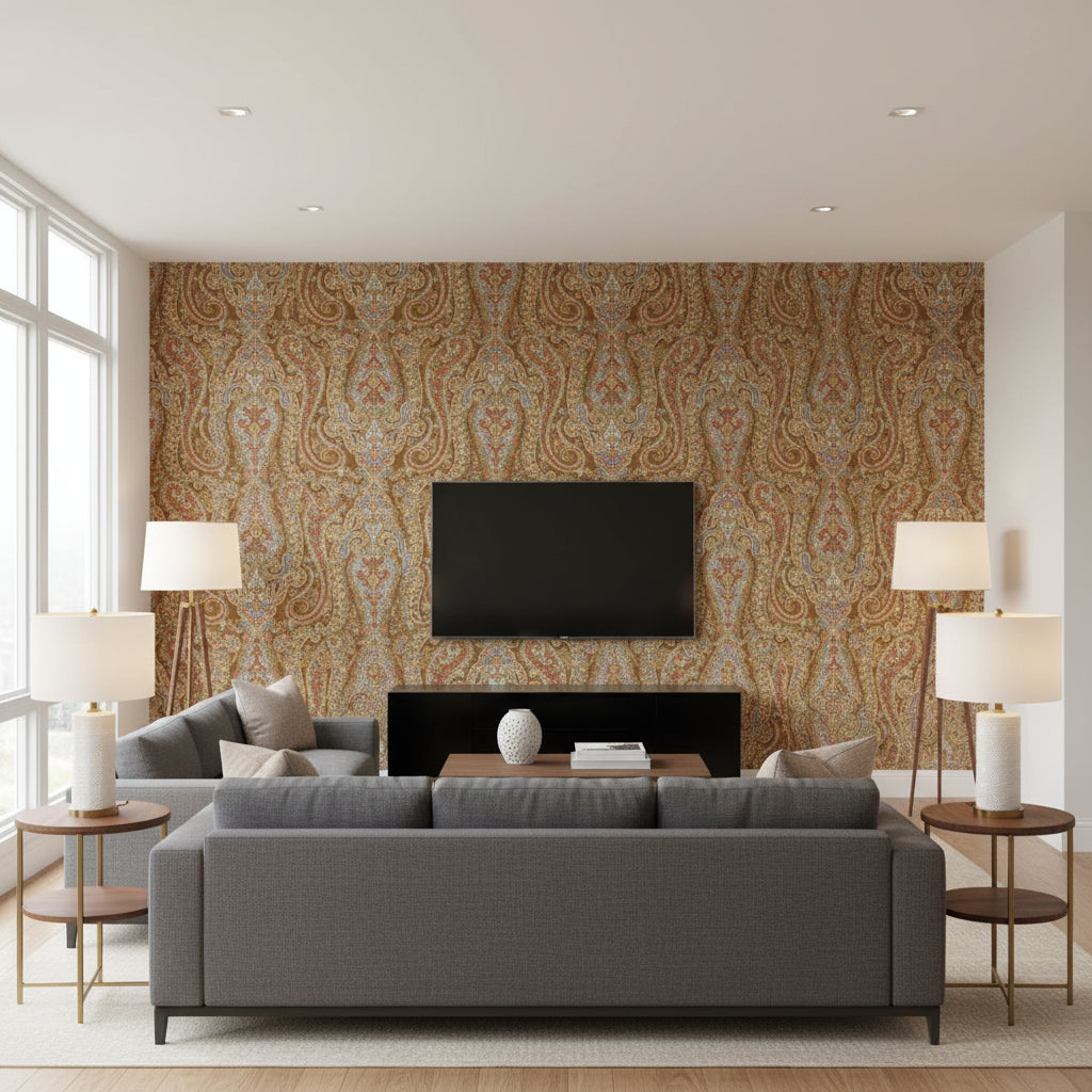 Isabella Paisley Mink | Schumacher Wallcovering - Living Room Visualization (AI-generated, may not be to scale. Verify pattern scale with product specifications.)