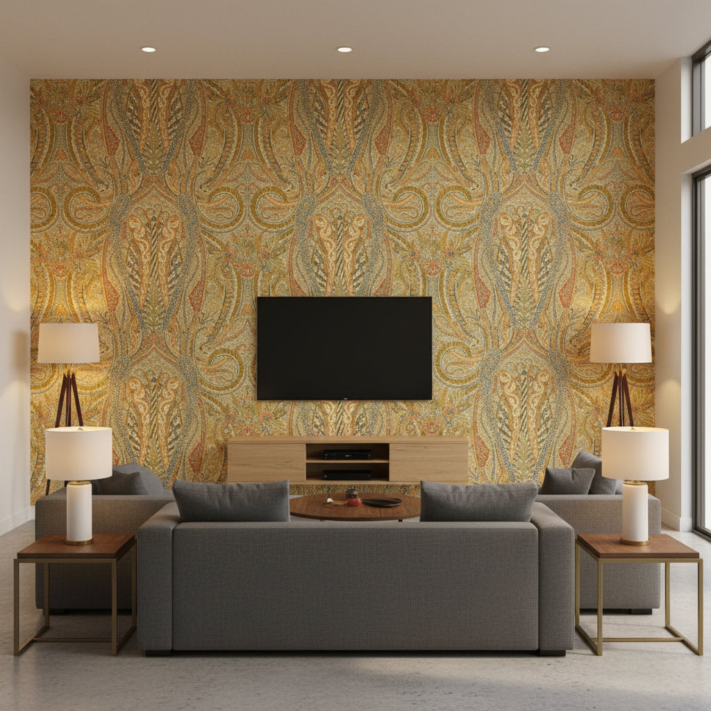 Emile Cachemire Spice | Schumacher Wallcovering - Living Room Visualization (AI-generated, may not be to scale. Verify pattern scale with product specifications.)