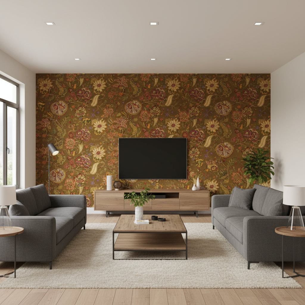 Chalfont Fawn | Schumacher Wallcovering - Living Room Visualization (AI-generated, may not be to scale. Verify pattern scale with product specifications.)