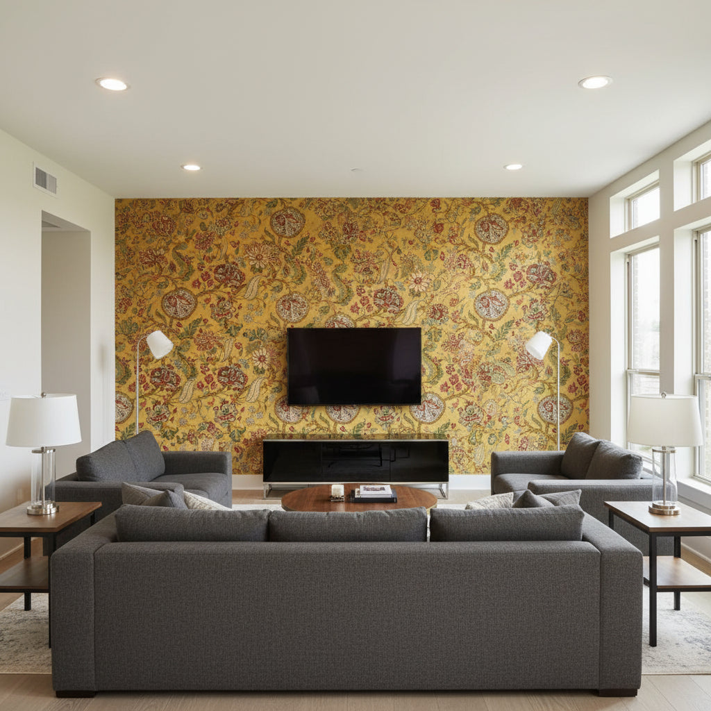 Chalfont Sunflower | Schumacher Wallcovering - Living Room Visualization (AI-generated, may not be to scale. Verify pattern scale with product specifications.)