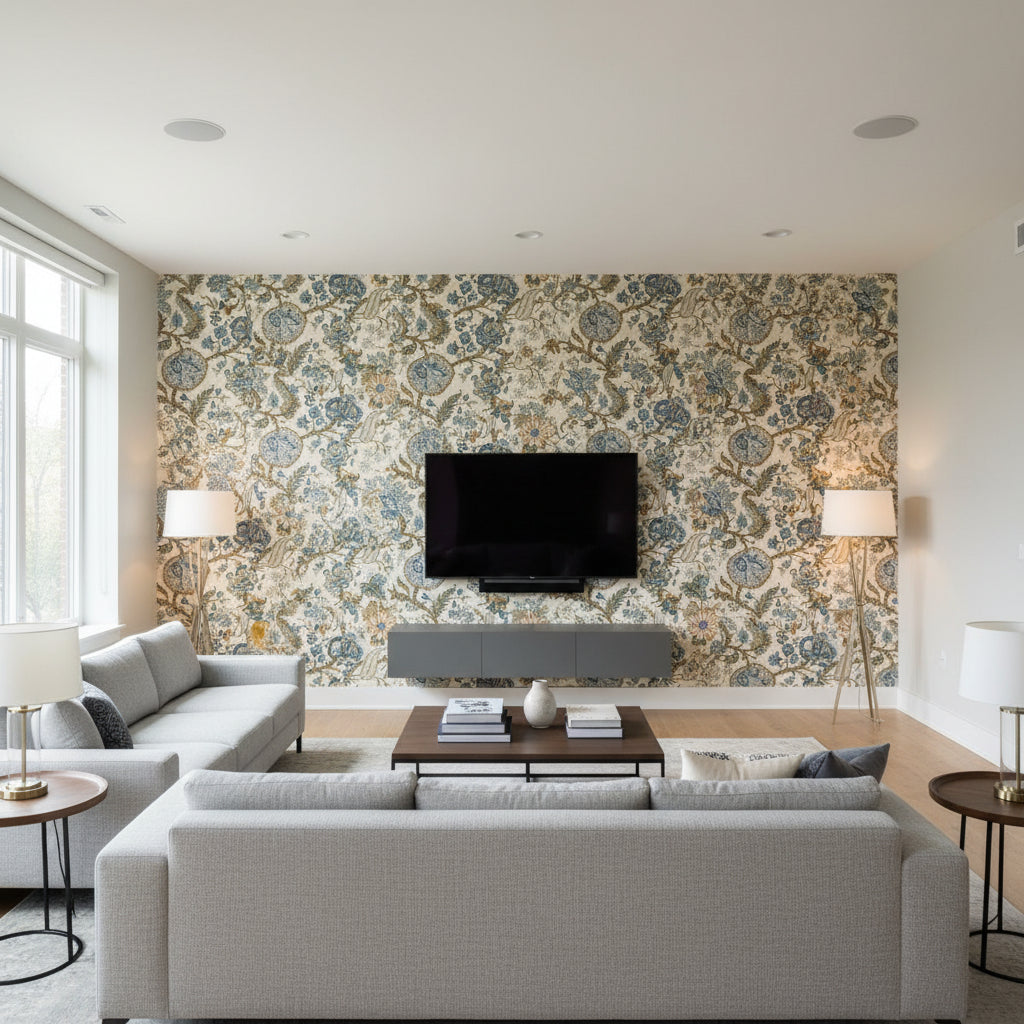 Chalfont Porcelain | Schumacher Wallcovering - Living Room Visualization (AI-generated, may not be to scale. Verify pattern scale with product specifications.)