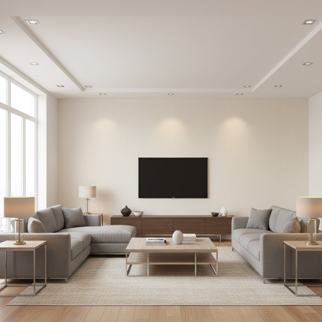 Somerset Strie Champagne | Schumacher Wallcovering - Living Room Visualization (AI-generated, may not be to scale. Verify pattern scale with product specifications.)