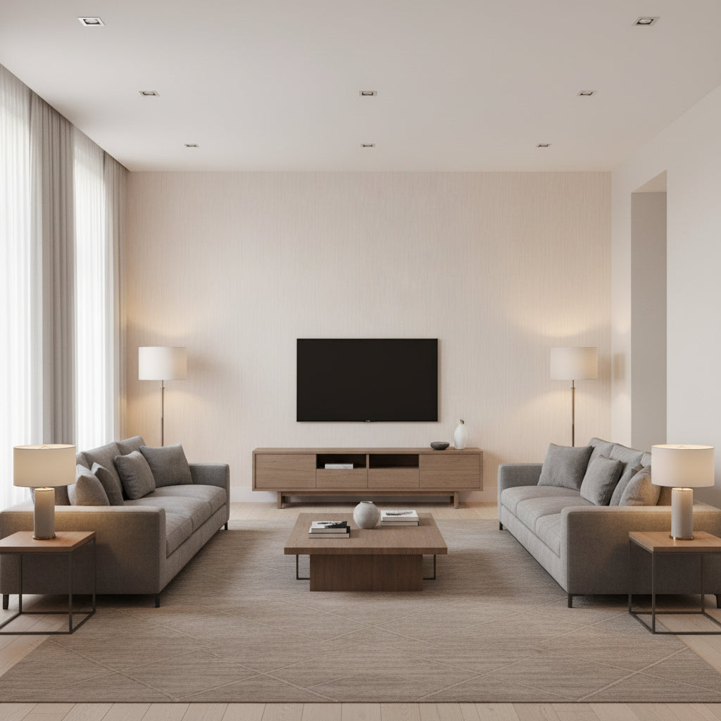 Somerset Strie Moonstone | Schumacher Wallcovering - Living Room Visualization (AI-generated, may not be to scale. Verify pattern scale with product specifications.)