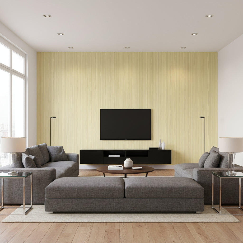 Somerset Strie Willow | Schumacher Wallcovering - Living Room Visualization (AI-generated, may not be to scale. Verify pattern scale with product specifications.)