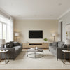 Somerset Strie Taupe | Schumacher Wallcovering - Living Room Visualization (AI-generated, may not be to scale. Verify pattern scale with product specifications.)