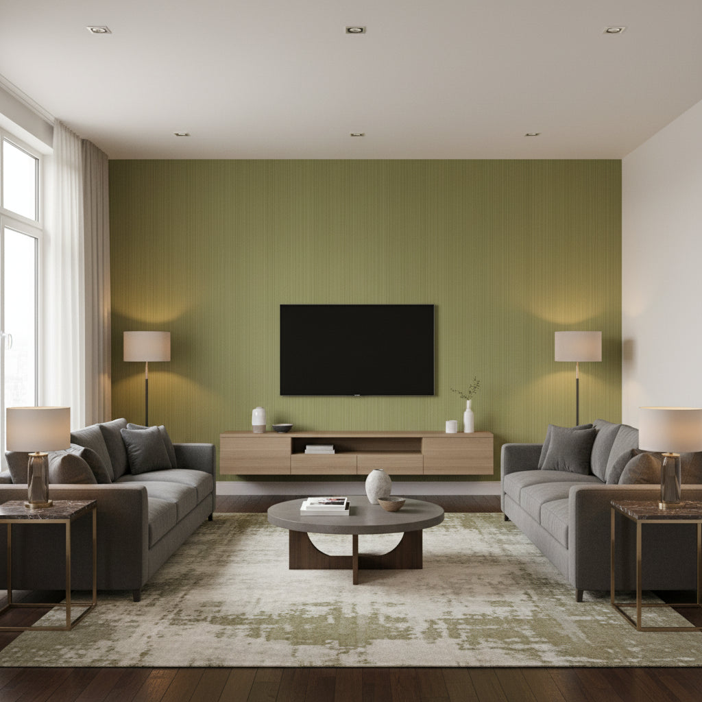 Somerset Strie Forest | Schumacher Wallcovering - Living Room Visualization (AI-generated, may not be to scale. Verify pattern scale with product specifications.)