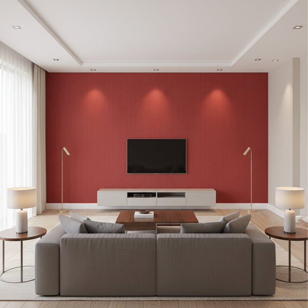 Somerset Strie Red | Schumacher Wallcovering - Living Room Visualization (AI-generated, may not be to scale. Verify pattern scale with product specifications.)