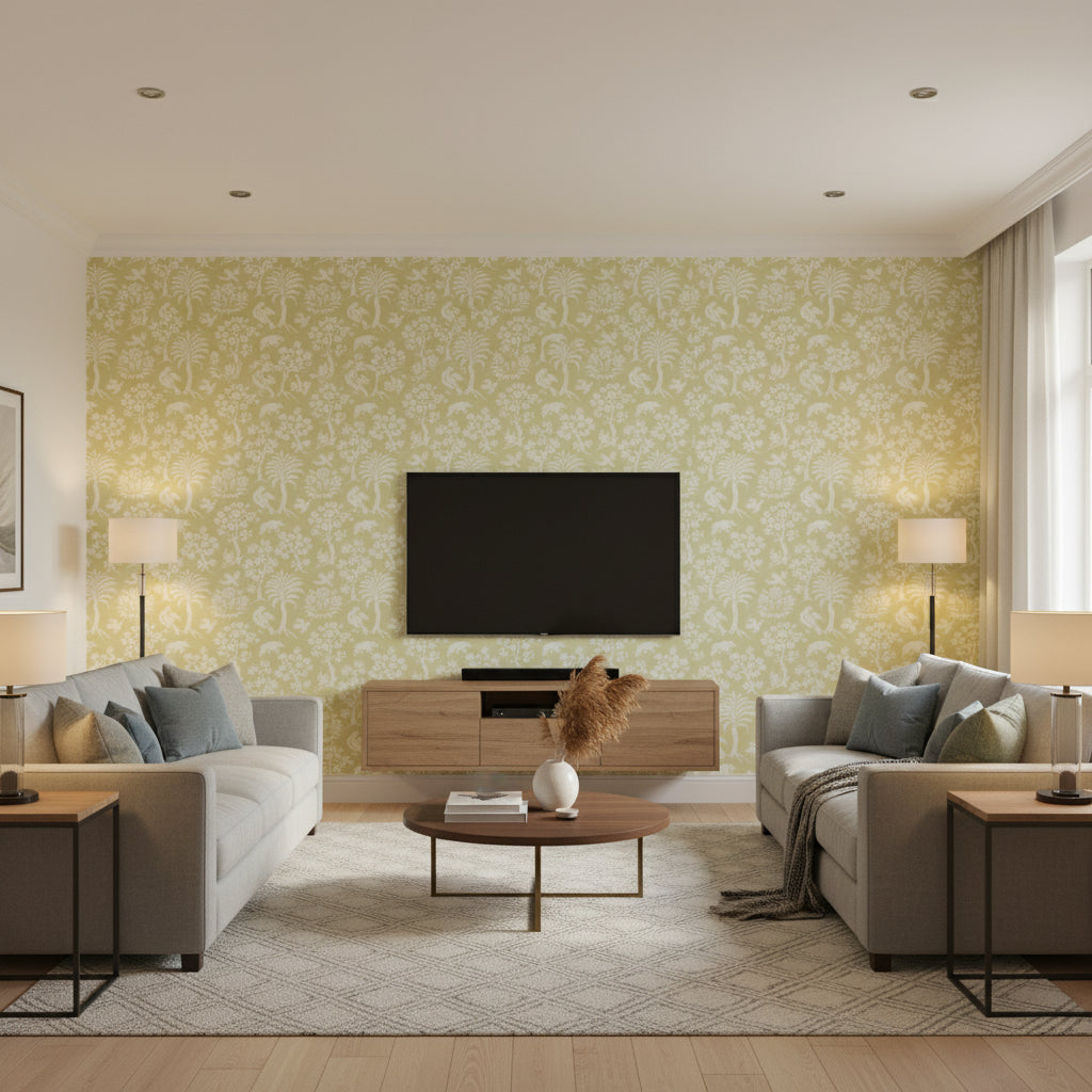 Palm Damask Willow | Schumacher Wallcovering - Living Room Visualization (AI-generated, may not be to scale. Verify pattern scale with product specifications.)