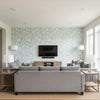 Palm Damask Sky | Schumacher Wallcovering - Living Room Visualization (AI-generated, may not be to scale. Verify pattern scale with product specifications.)