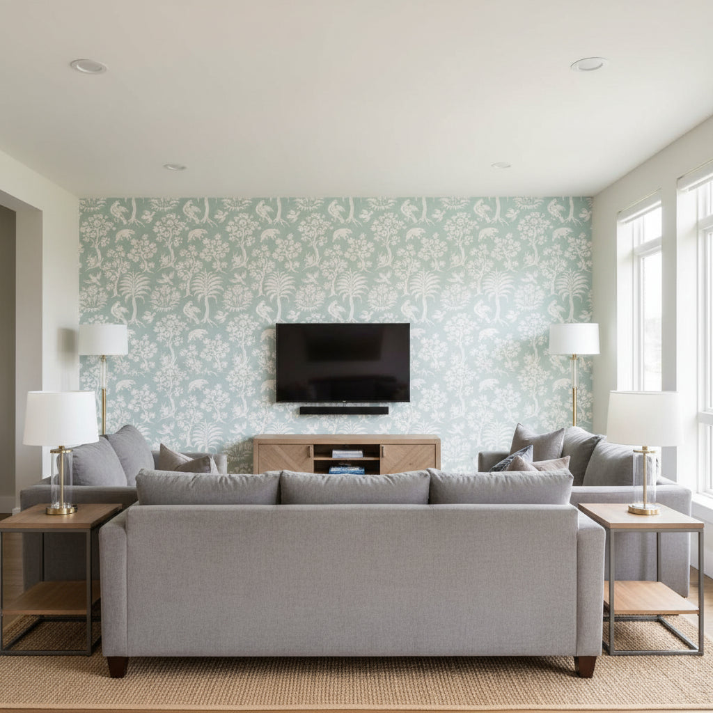 Palm Damask Sky | Schumacher Wallcovering - Living Room Visualization (AI-generated, may not be to scale. Verify pattern scale with product specifications.)