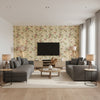 Chickadee Floral Vanilla | Schumacher Wallcovering - Living Room Visualization (AI-generated, may not be to scale. Verify pattern scale with product specifications.)