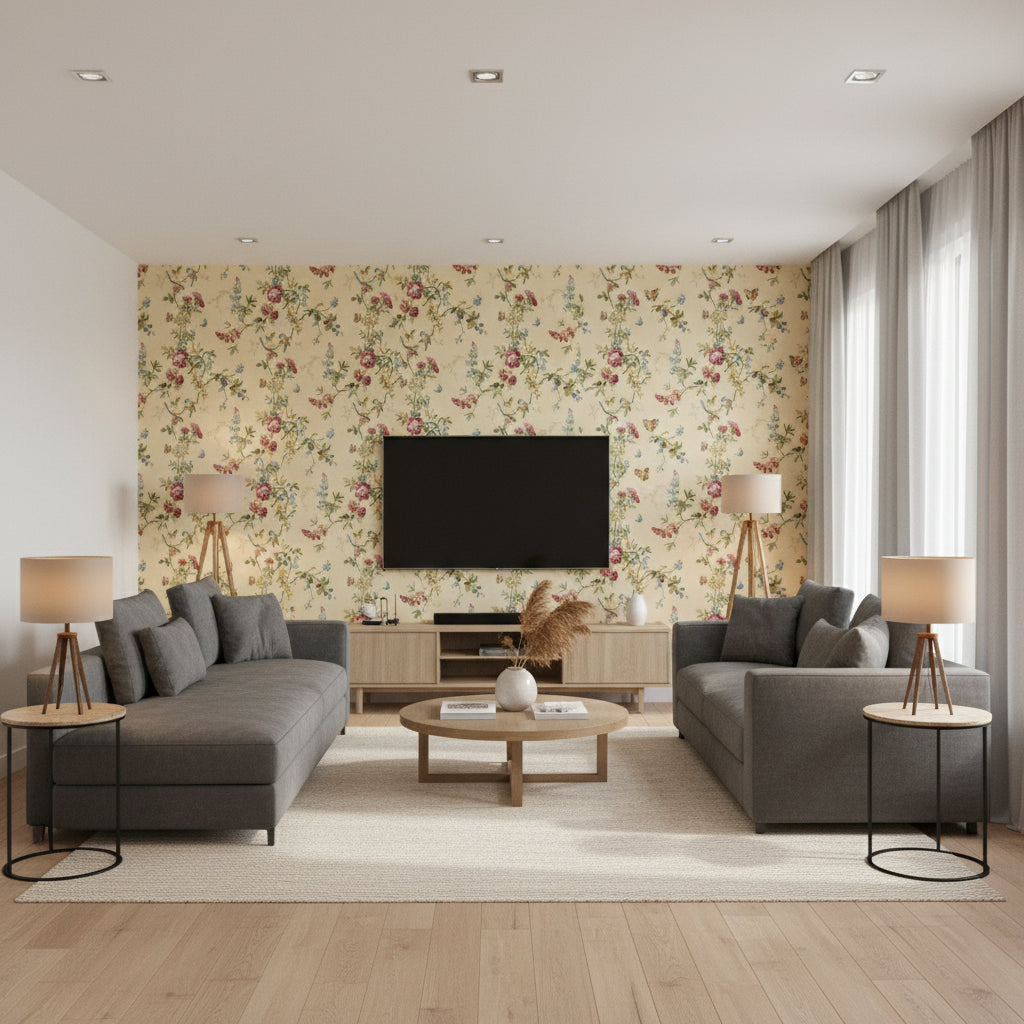 Chickadee Floral Vanilla | Schumacher Wallcovering - Living Room Visualization (AI-generated, may not be to scale. Verify pattern scale with product specifications.)