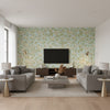 Whitney Floral Aqua | Schumacher Wallcovering - Living Room Visualization (AI-generated, may not be to scale. Verify pattern scale with product specifications.)