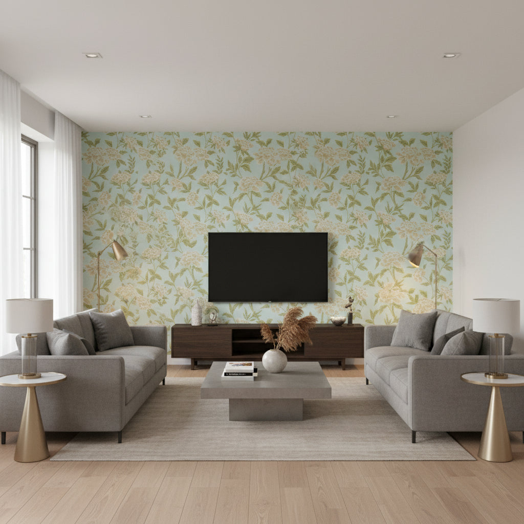 Whitney Floral Aqua | Schumacher Wallcovering - Living Room Visualization (AI-generated, may not be to scale. Verify pattern scale with product specifications.)