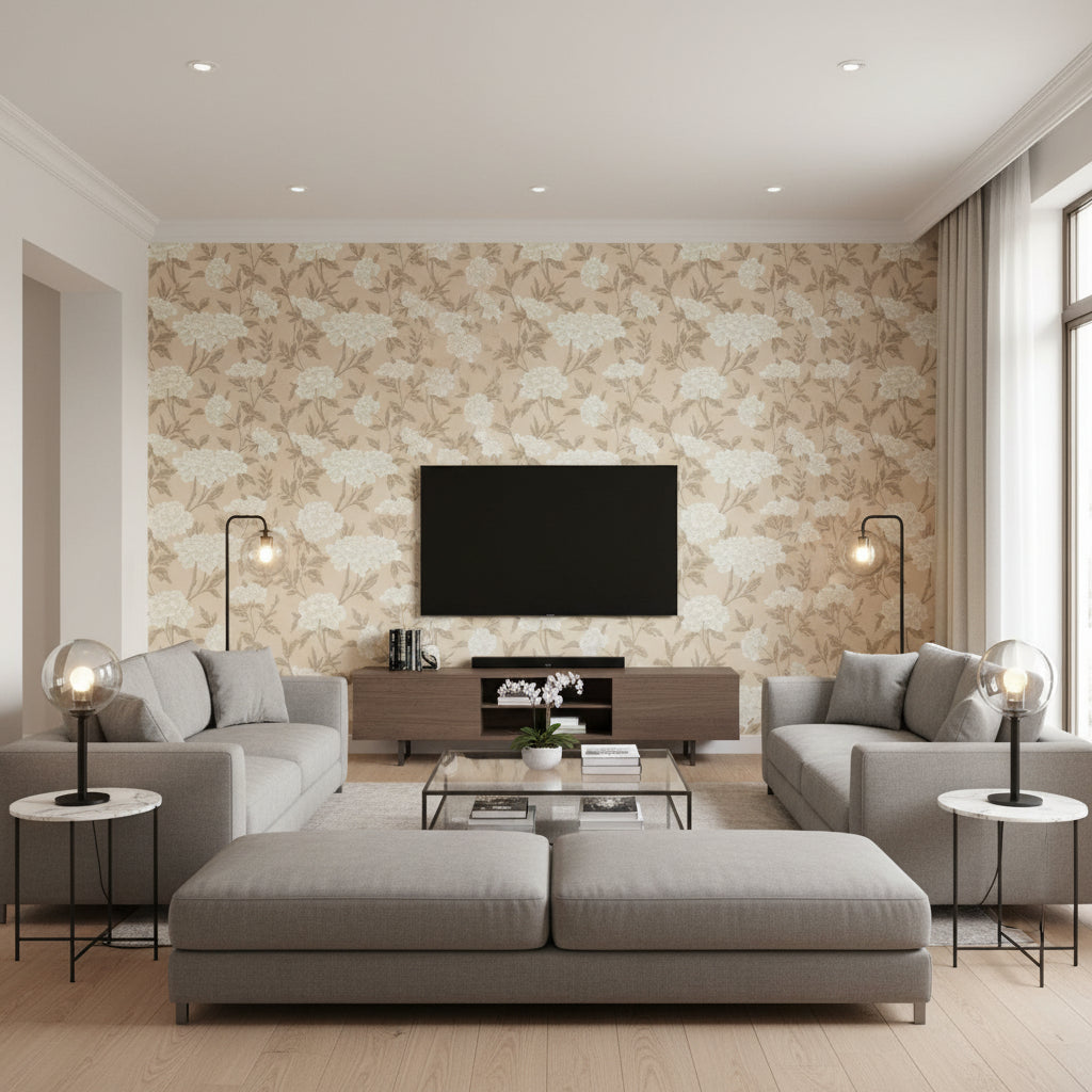 Whitney Floral Taupe | Schumacher Wallcovering - Living Room Visualization (AI-generated, may not be to scale. Verify pattern scale with product specifications.)