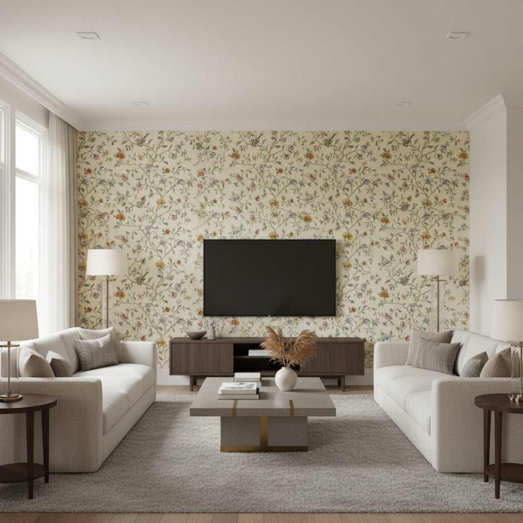 Annabelle Vine Primary | Schumacher Wallcovering - Living Room Visualization (AI-generated, may not be to scale. Verify pattern scale with product specifications.)