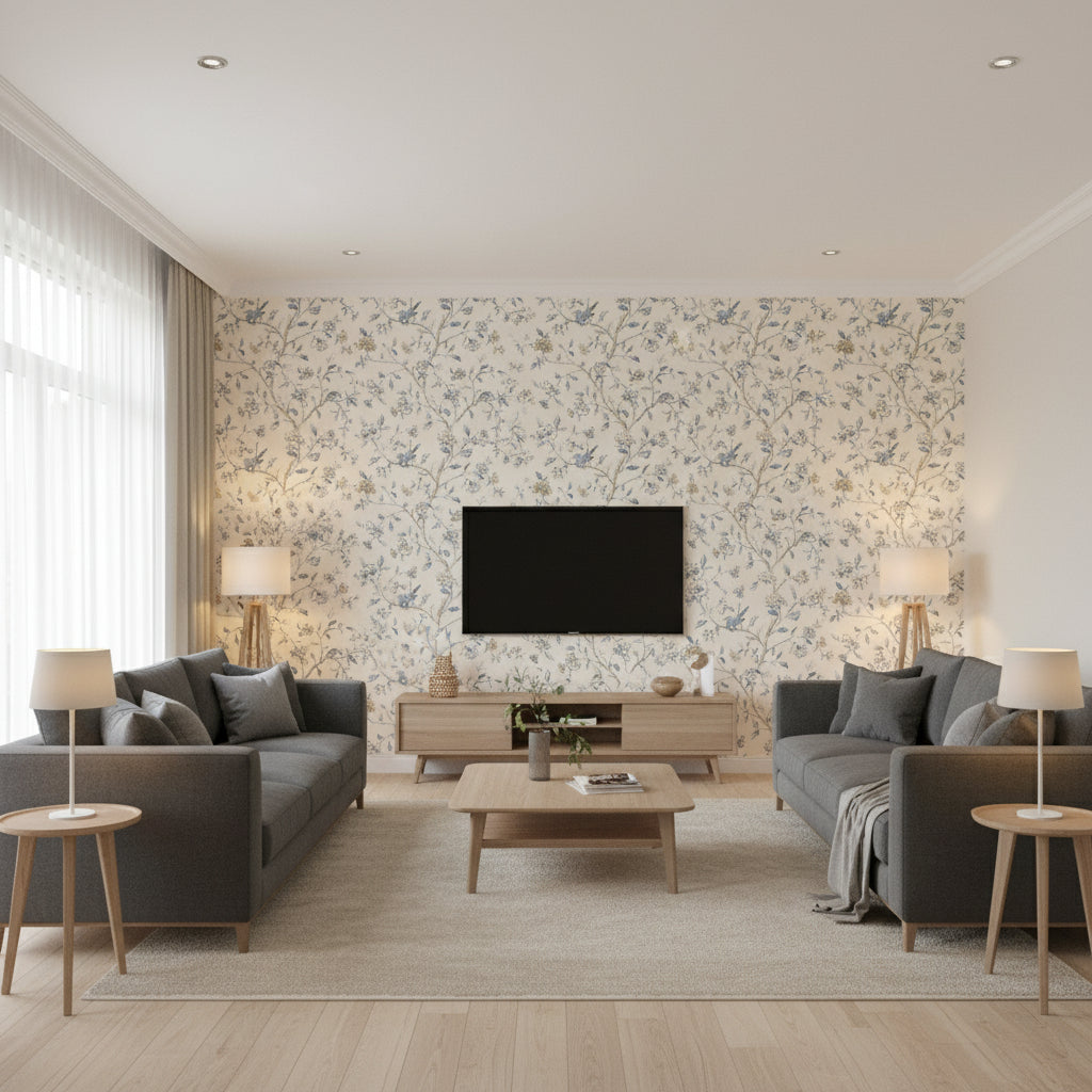 Annabelle Vine Porcelain | Schumacher Wallcovering - Living Room Visualization (AI-generated, may not be to scale. Verify pattern scale with product specifications.)