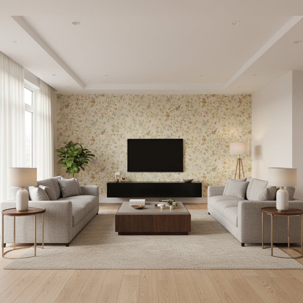 Annabelle Vine Pewter | Schumacher Wallcovering - Living Room Visualization (AI-generated, may not be to scale. Verify pattern scale with product specifications.)