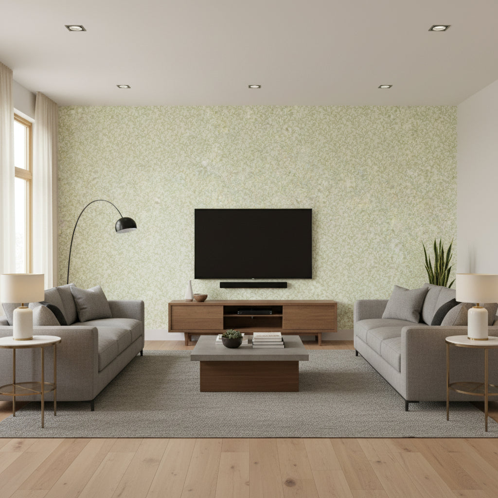 Coral Vine Aloe | Schumacher Wallcovering - Living Room Visualization (AI-generated, may not be to scale. Verify pattern scale with product specifications.)