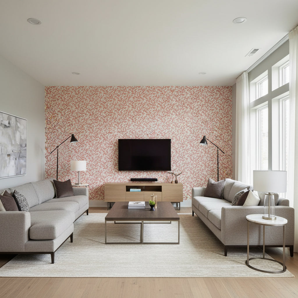 Coral Vine Garnet | Schumacher Wallcovering - Living Room Visualization (AI-generated, may not be to scale. Verify pattern scale with product specifications.)