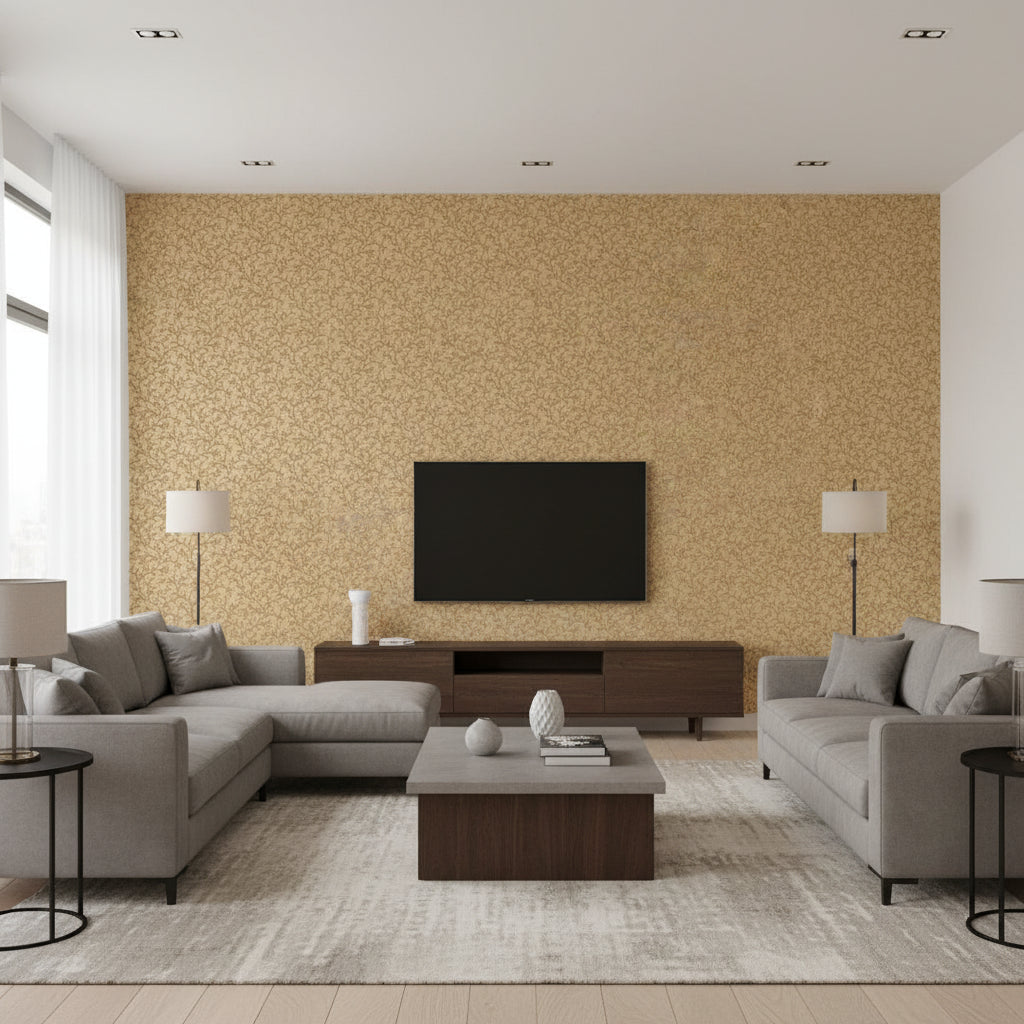 Coral Vine Burnished Gold | Schumacher Wallcovering - Living Room Visualization (AI-generated, may not be to scale. Verify pattern scale with product specifications.)