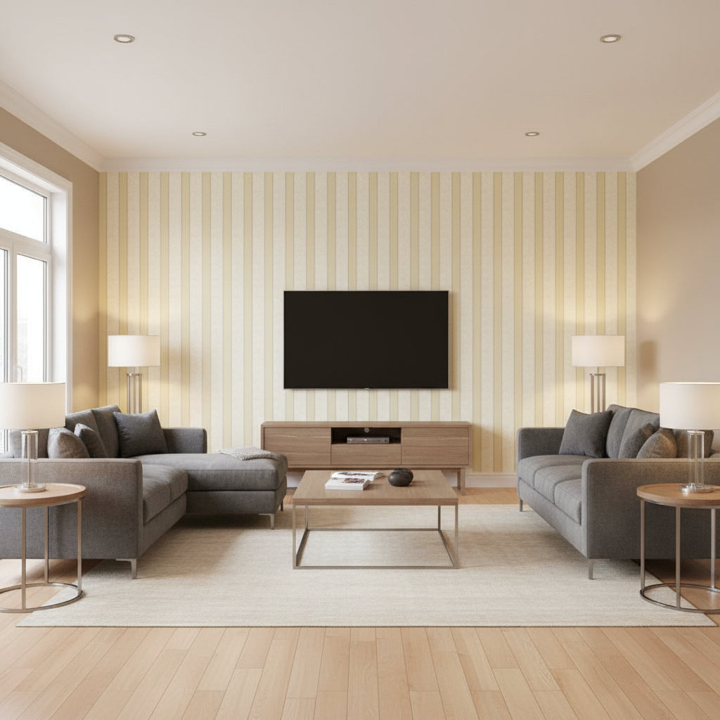 Wallis Stripe Bone | Schumacher Wallcovering - Living Room Visualization (AI-generated, may not be to scale. Verify pattern scale with product specifications.)