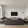 Wallis Stripe Cloud | Schumacher Wallcovering - Living Room Visualization (AI-generated, may not be to scale. Verify pattern scale with product specifications.)