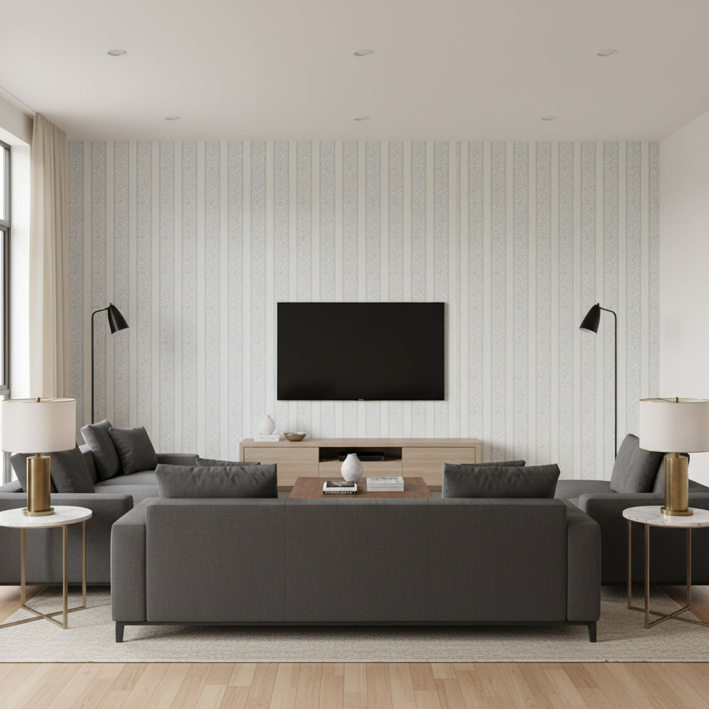Wallis Stripe Cloud | Schumacher Wallcovering - Living Room Visualization (AI-generated, may not be to scale. Verify pattern scale with product specifications.)