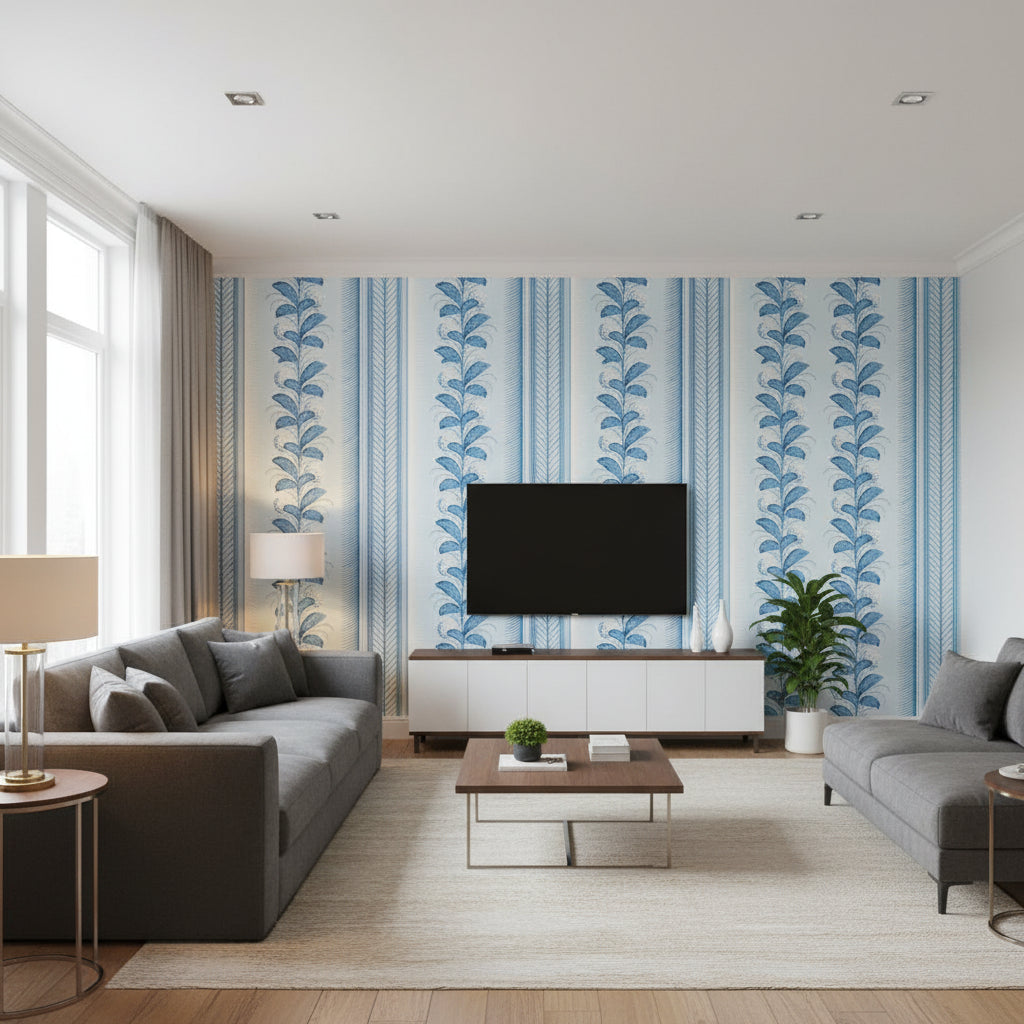 Hydrangea Drape Delft | Schumacher Wallcovering - Living Room Visualization (AI-generated, may not be to scale. Verify pattern scale with product specifications.)
