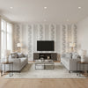 Hydrangea Drape Grisaille | Schumacher Wallcovering - Living Room Visualization (AI-generated, may not be to scale. Verify pattern scale with product specifications.)