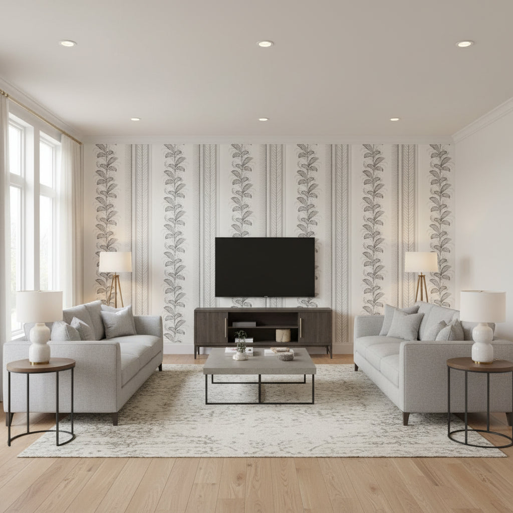 Hydrangea Drape Grisaille | Schumacher Wallcovering - Living Room Visualization (AI-generated, may not be to scale. Verify pattern scale with product specifications.)