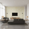 Tierni Damask Buttercup | Schumacher Wallcovering - Living Room Visualization (AI-generated, may not be to scale. Verify pattern scale with product specifications.)