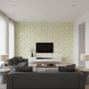 Tierni Damask Celery | Schumacher Wallcovering - Living Room Visualization (AI-generated, may not be to scale. Verify pattern scale with product specifications.)