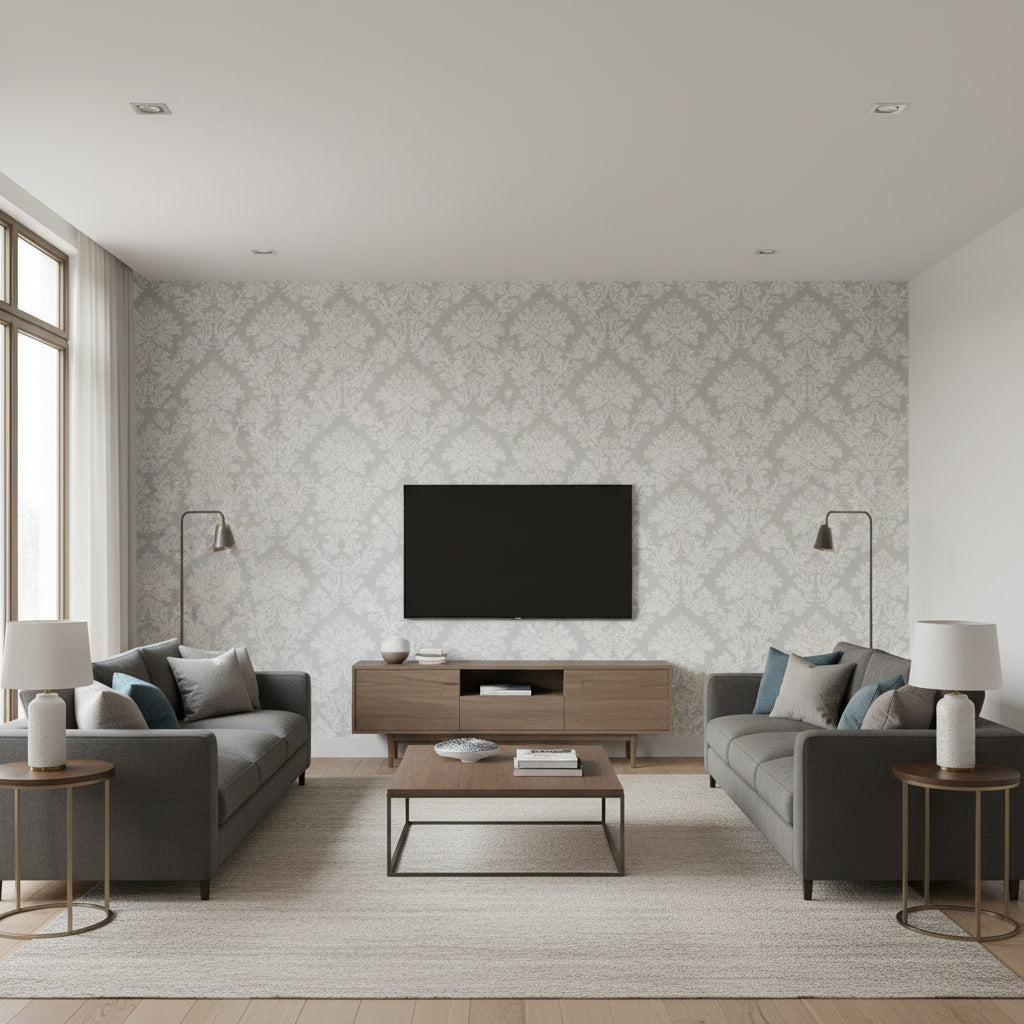 Tierni Damask Robin's Egg | Schumacher Wallcovering - Living Room Visualization (AI-generated, may not be to scale. Verify pattern scale with product specifications.)