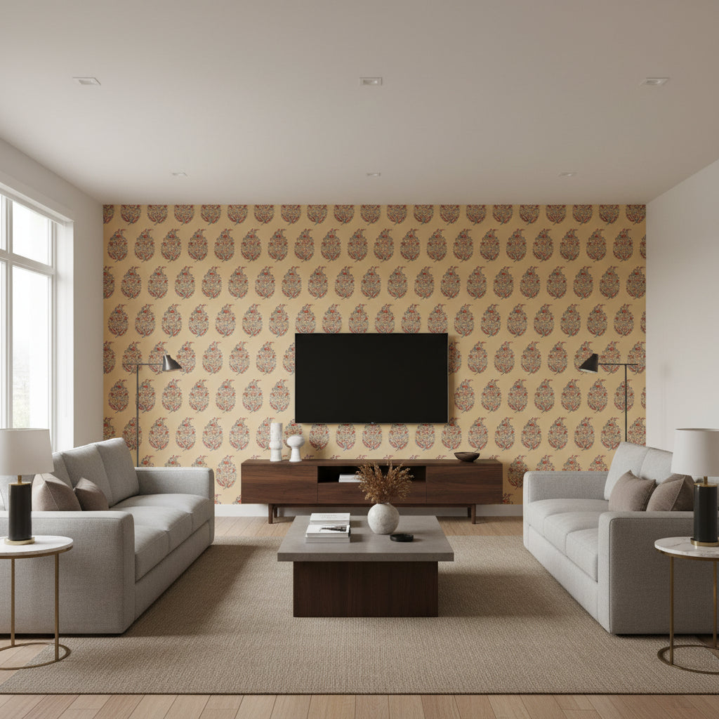 Rajasthan Paisley Jewel | Schumacher Wallcovering - Living Room Visualization (AI-generated, may not be to scale. Verify pattern scale with product specifications.)