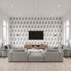 Rajasthan Paisley Silver | Schumacher Wallcovering - Living Room Visualization (AI-generated, may not be to scale. Verify pattern scale with product specifications.)