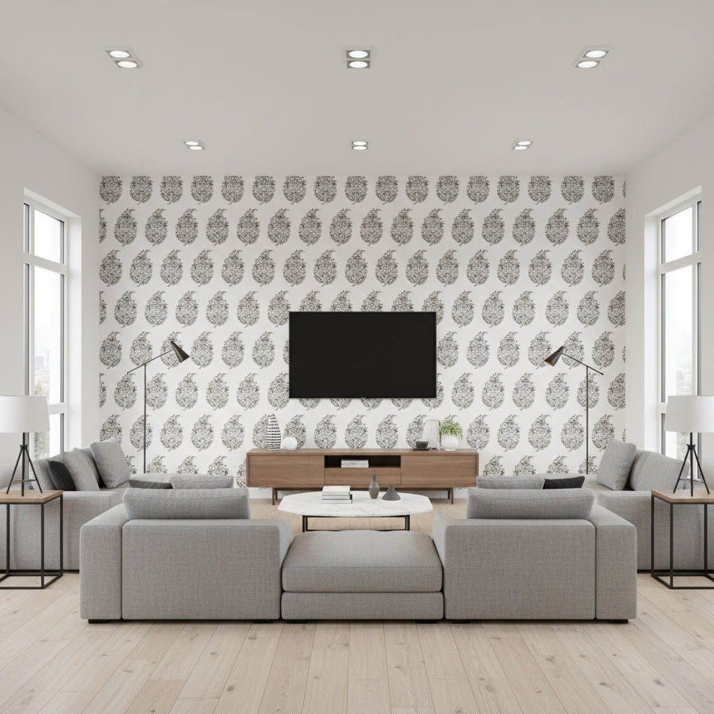 Rajasthan Paisley Silver | Schumacher Wallcovering - Living Room Visualization (AI-generated, may not be to scale. Verify pattern scale with product specifications.)