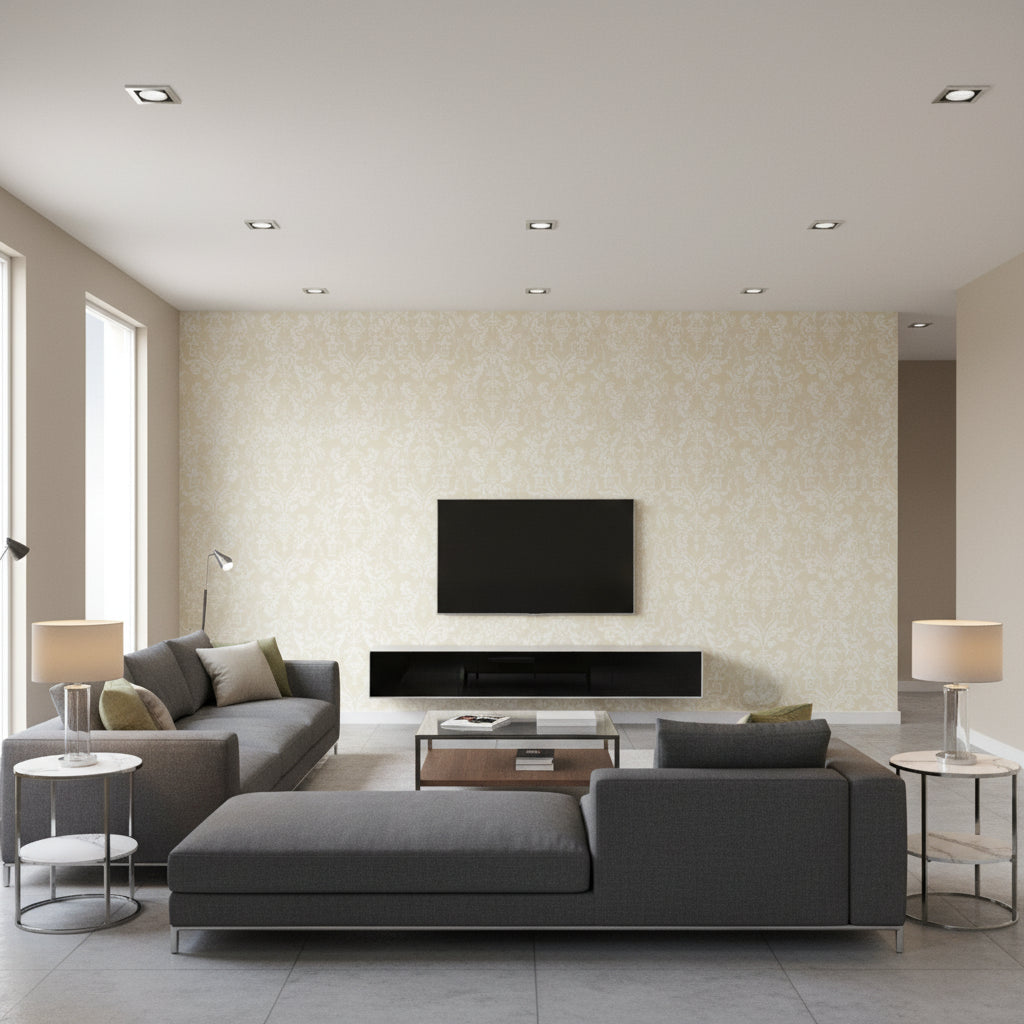 Lido Damask Beige | Schumacher Wallcovering - Living Room Visualization (AI-generated, may not be to scale. Verify pattern scale with product specifications.)