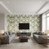 Leafy Arbor Cream | Schumacher Wallcovering - Living Room Visualization (AI-generated, may not be to scale. Verify pattern scale with product specifications.)