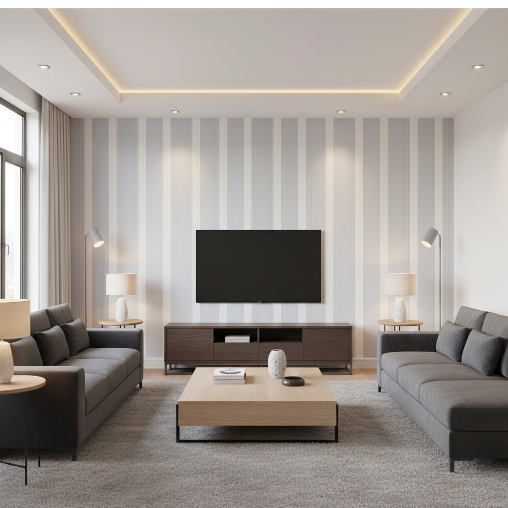 Morgan Stripe Porcelain | Schumacher Wallcovering - Living Room Visualization (AI-generated, may not be to scale. Verify pattern scale with product specifications.)