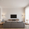 Morgan Stripe Greige | Schumacher Wallcovering - Living Room Visualization (AI-generated, may not be to scale. Verify pattern scale with product specifications.)