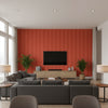 Beekman Stripe Coral | Schumacher Wallcovering - Living Room Visualization (AI-generated, may not be to scale. Verify pattern scale with product specifications.)
