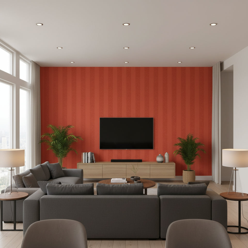 Beekman Stripe Coral | Schumacher Wallcovering - Living Room Visualization (AI-generated, may not be to scale. Verify pattern scale with product specifications.)