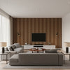 Beekman Stripe Truffle | Schumacher Wallcovering - Living Room Visualization (AI-generated, may not be to scale. Verify pattern scale with product specifications.)