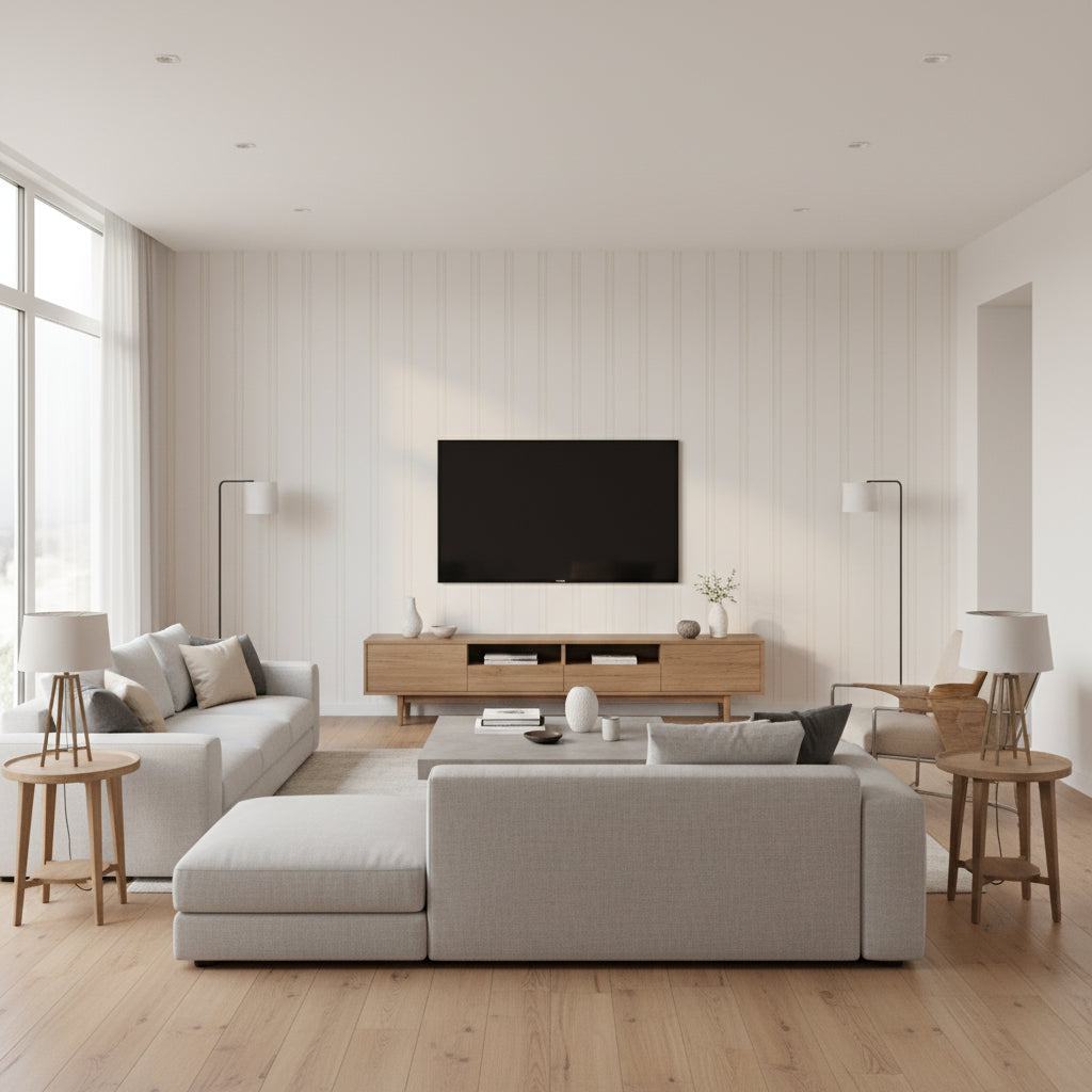 Lorraine Stripe Limestone | Schumacher Wallcovering - Living Room Visualization (AI-generated, may not be to scale. Verify pattern scale with product specifications.)