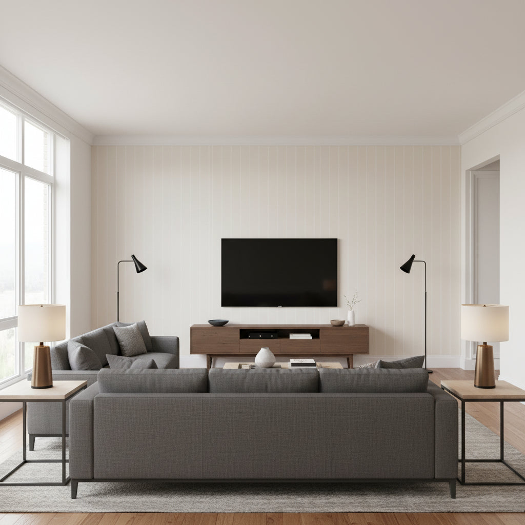 Gabrielle Stripe Limestone | Schumacher Wallcovering - Living Room Visualization (AI-generated, may not be to scale. Verify pattern scale with product specifications.)