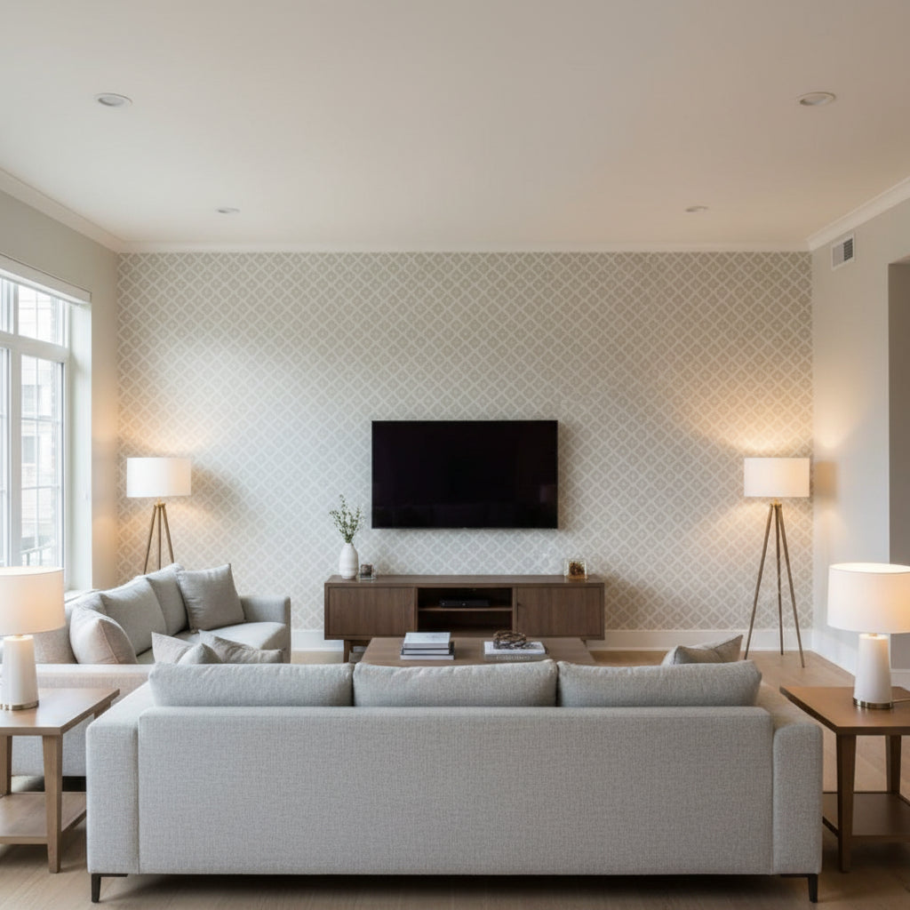 Ziggurat Silver | Schumacher Wallcovering - Living Room Visualization (AI-generated, may not be to scale. Verify pattern scale with product specifications.)