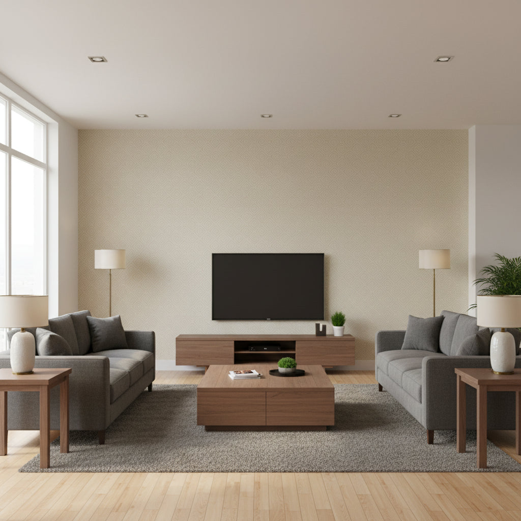 Greek Key Bone | Schumacher Wallcovering - Living Room Visualization (AI-generated, may not be to scale. Verify pattern scale with product specifications.)