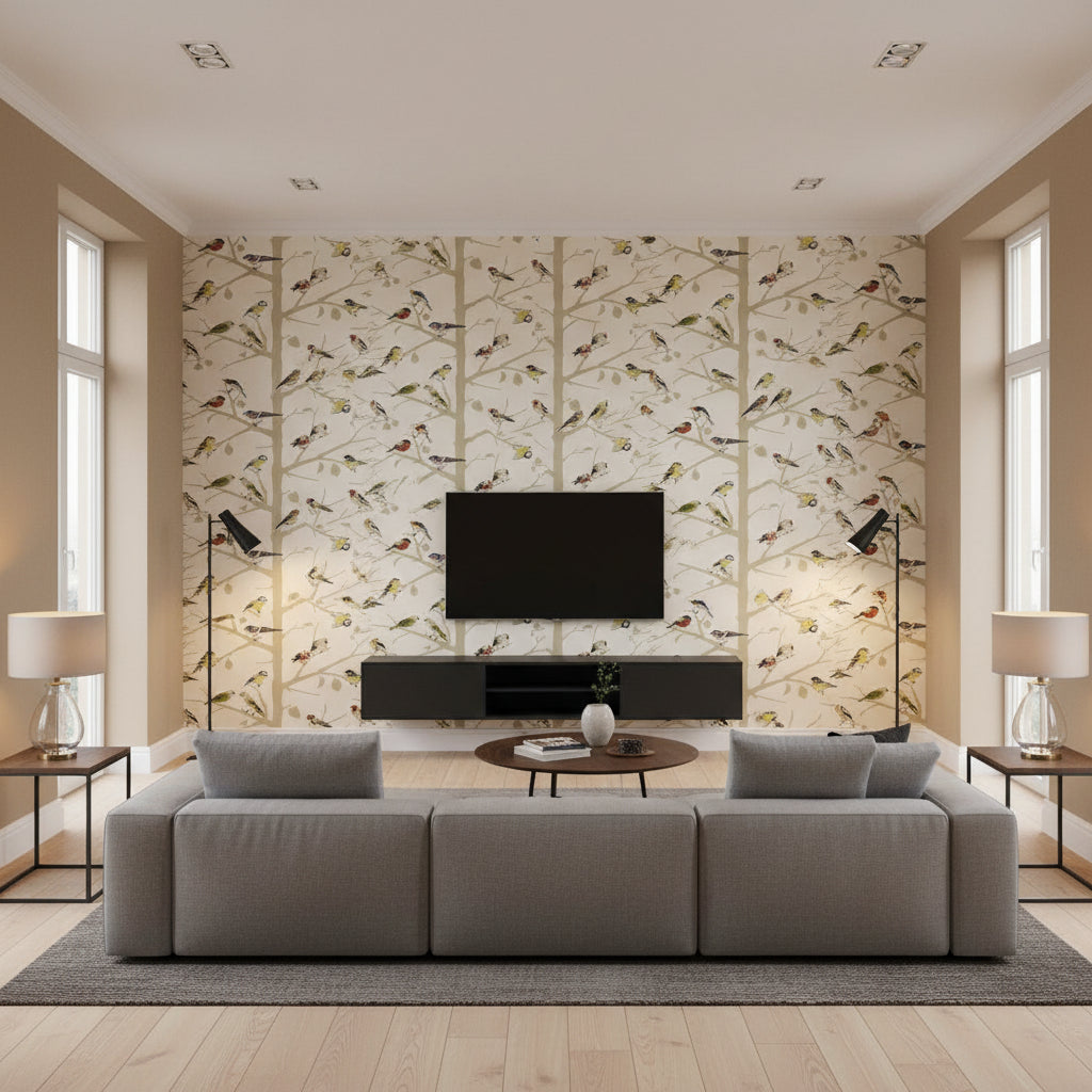 A-Twitter Summer | Schumacher Wallcovering - Living Room Visualization (AI-generated, may not be to scale. Verify pattern scale with product specifications.)